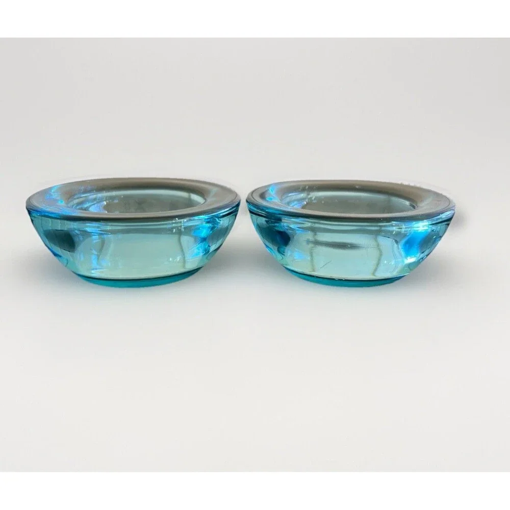 2 Crate & Barrel Glass Summer Turquoise Tea Light Candle Votive Holders